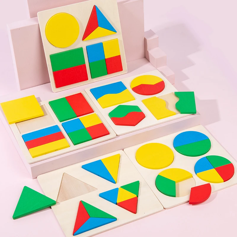 Kids Traction Toy Montessori Wood Geometric Shape Dividing Board Triangle Circle Square Math Toys 5 in 1 Unisex Boys Girls Gift