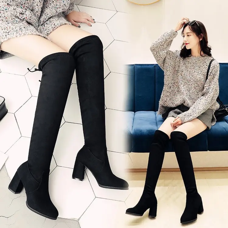 

Over The Knee Boots Female Thick With High Heels Stretched Slim Boots 2019 New Korean Version Of The Hundred Tower Martin Boots