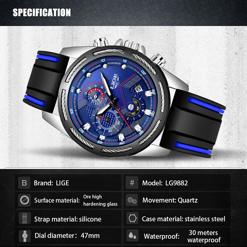 LIGE Men's Chronograph Analog Quartz Watch with Date, Luminous Hands, Waterproof Silicone Rubber Strap Wristswatch for Man