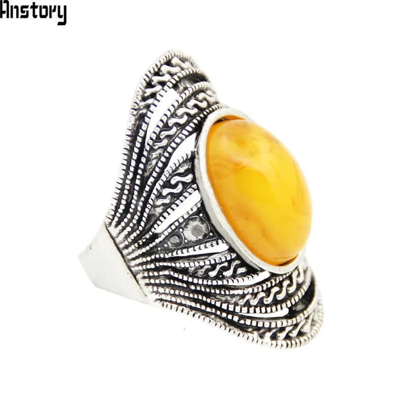 Vintage Oval Simualted Beeswax Rings For women Antique Silver Plated Hollow Design Rhinestone Rings Fashon Jewelry TR669