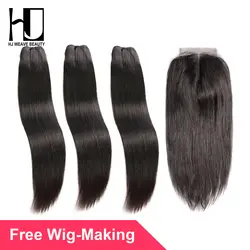 HJ WEAVE BEAUTY Необработанные индийские Виргинские пучки волос с закрытием прямые пучки волос плетение с 4x4 кружевной чехол Бесплатная доставка