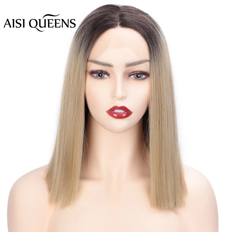 Aisi Queens синтетический парик на кружеве короткие прямые средние части Омбре золотые натуральные волосы для черных белых женщин косплей парик