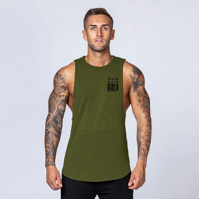 Army green Спортивные майки для тренажерного зала Хлопок Фитнес Мужская майка жилет Мышцы Спортивная безрукавка майка Стрингер одежда Бодибилдинг - Color: Army green