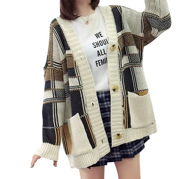 

Womens Cardigan Sweater Color Grid Button Sweater Loose Long Sleeve Casual Coat JL