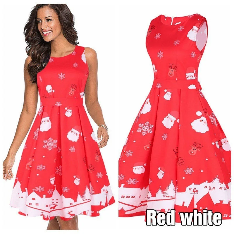 Sleeveless Christmas Dress Women Round Neck New Year Party Dress Vintage Midi Ladies Dresses Plus Size Vestido Invierno Mujer