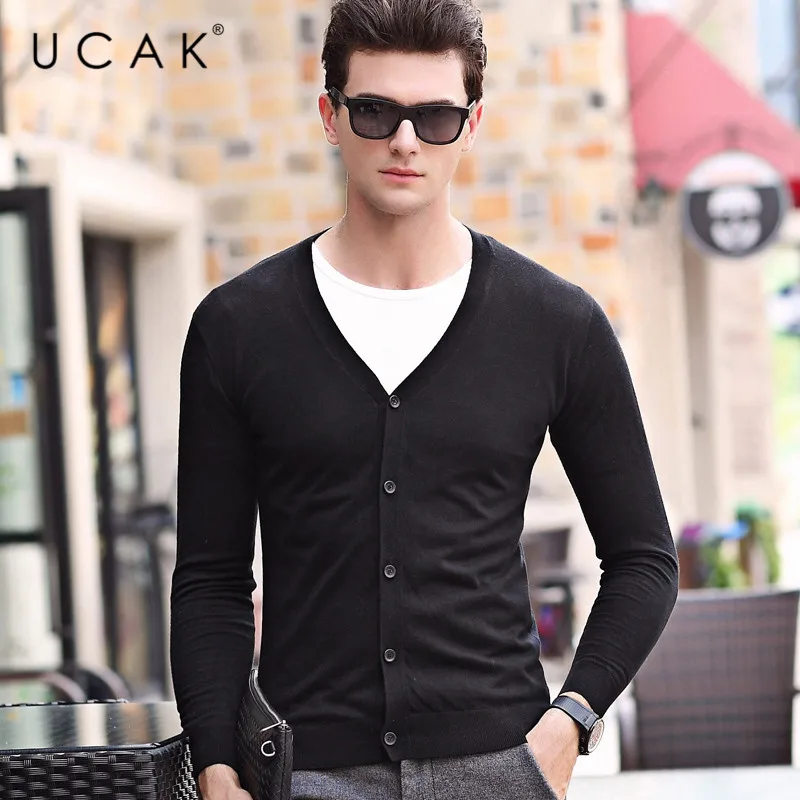 

UCAK Brand Cardigan Men 2020 Autumn Winter Soft Warm Cashmere Wool Sweater Men Pure Color Classic Casual V-Neck Cardigans U1050
