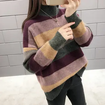 

2020 Autumn And Winter New Striped Color-matching Turtleneck Pullover Women's Thick Outer Loose Sweater