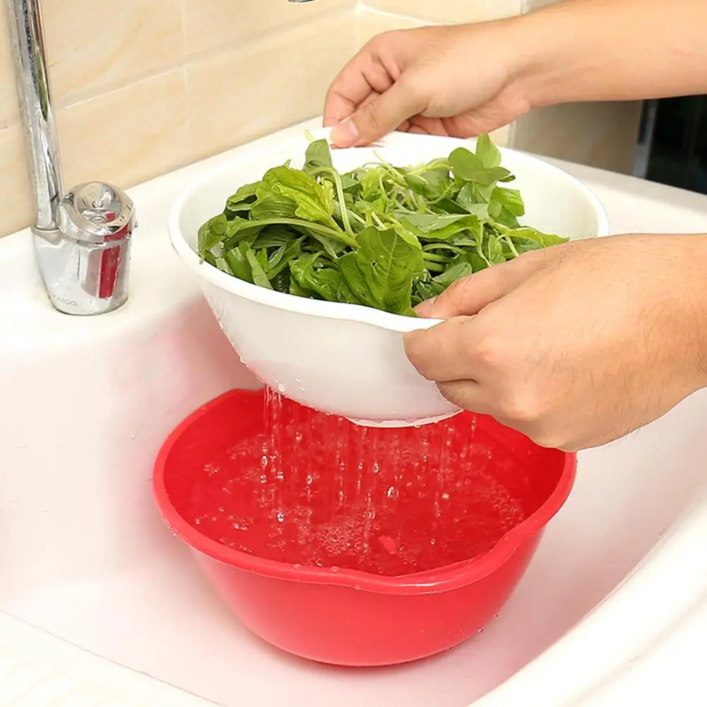 

PP Double Drain Basket Sieve Fruit Vegetable Pot Drain Colander Washing Strainer Drainer Kitchen Sifter Tool Accessories 3 Color