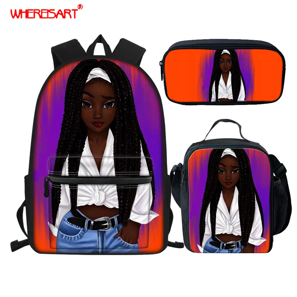 

WHEREISART Afro Girls Cartoon Drawing Printing Backpack Women Canvas Backpacks School Bags For Teenagers Girls School Back pack