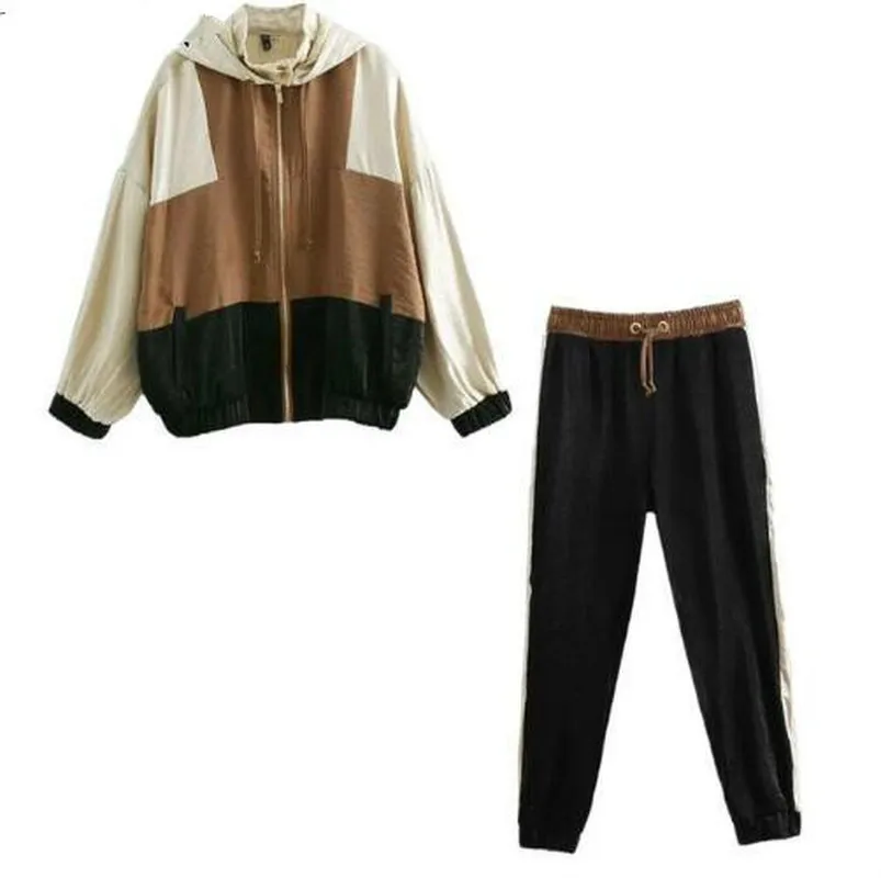 Sports suit female Hooded Jacket Patchwork Color Sweatshirt casual Drawstring Striped Jogging Pants 2021 spring new Tracksuits |