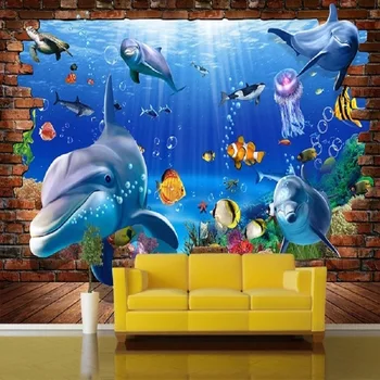

Custom large mural 3D wallpaper Cartoon animal underwater world dolphin child bedroom mural TV back wall decor deep 5D embossed