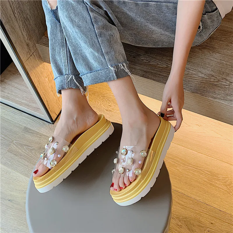 

Shoes Without Heel Designer Slides Slippers Platform Jelly Flip Flops Beach Women Med Flat Luxury Glitter Transparent Summer