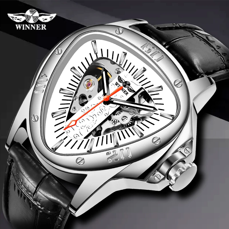 

WINNER Brand Men's Sport Watches Racing Design Geometric Watch Men Genuine Leather Strap Watches Male Automatic Wrist Watch