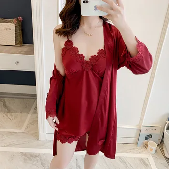 

Satin Pajamas Suit Lady 3PCS Strap Top&Shorts Sexy Kimono Bathrobe Gown Intimate Lingerie Casual Sleepwear Bridal Wedding Gift