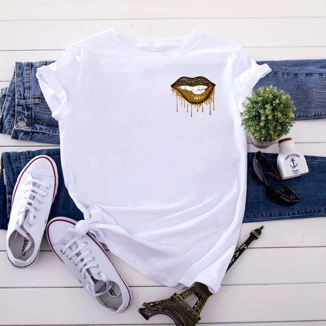 Summer Fashion Shirt Lips Leopard Graphic T Shirt Women Harajuku Tops  O-neck 4 colors Tee Kiss Lip Funny Girls  T-shirt Lips 2 White