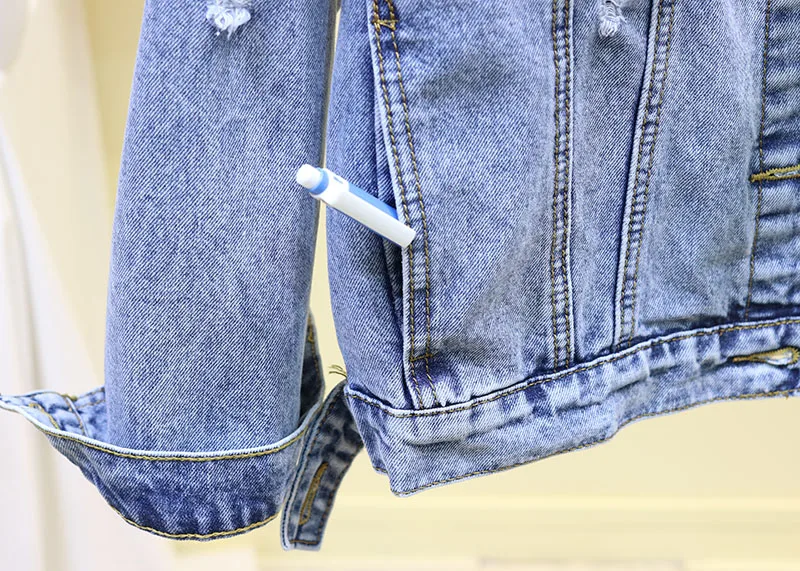 Весна BF Hole Woamn Denim Gacket женский свободный тонкий длинный рукав Дикий короткий параграф красивый Gackets джинсовые Geans пальто