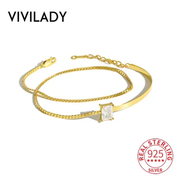 

VIVILADY Authentic 925 Sterling Silver Double Layer Chain Chic Square Zircon Women Charm Bracelet For Female Birthday Jewelry