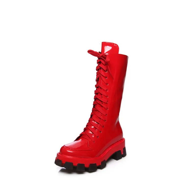 MORAZORA/ г. Обувь из натуральной кожи наивысшего качества женские ботинки до середины икры ботинки на платформе на низком каблуке со шнуровкой и молнией женские мотоциклетные ботинки - Цвет: Красный