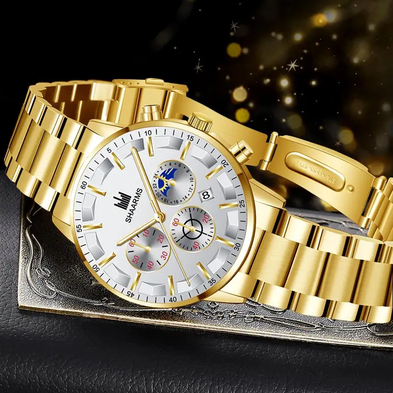 

New Men Watch Fashion Business Mens Watches Luxury Full Steel Quartz Gold Clock Men Relogio Masculino Calendar Wristwatch