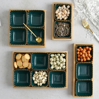 

Dark Green Ceramic Retro Storage Tray Fruits Platter Snack Dishs Dessert Plate with Bamboo Tray Kitchen Storage Tool Tableware