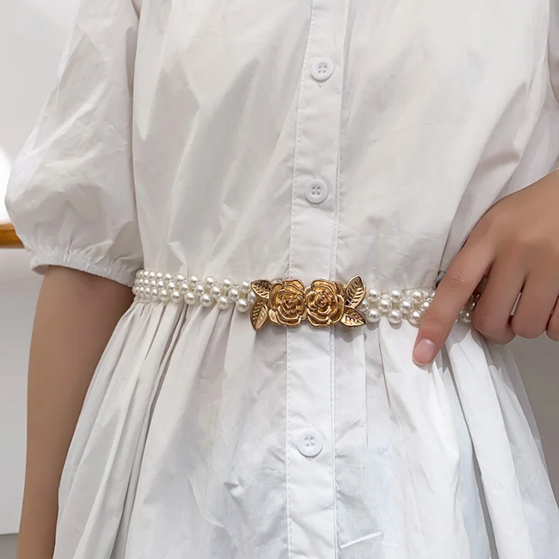 New Elastic Pearl Thin Belt For Women Rhinestone Flower Buckle Waist Strap Designer All-match Lady Clothes Dress Coat Decorative