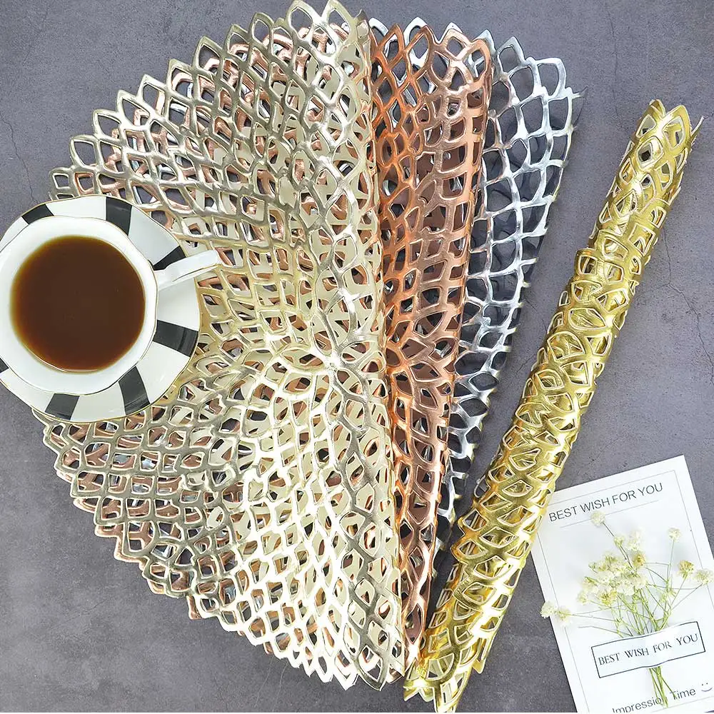 

PVC Placemat For Dining Table Mat Hollow Insulation Round Tableware Drink Coasters Rose Gold Home Western Table Kitchen Decor