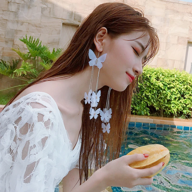 

2019 New Arrival Lace Hyperbole Bowknot Women Dangle Earrings Butterfly Ear Drop Female Korean Long Earrings Female Jewelry