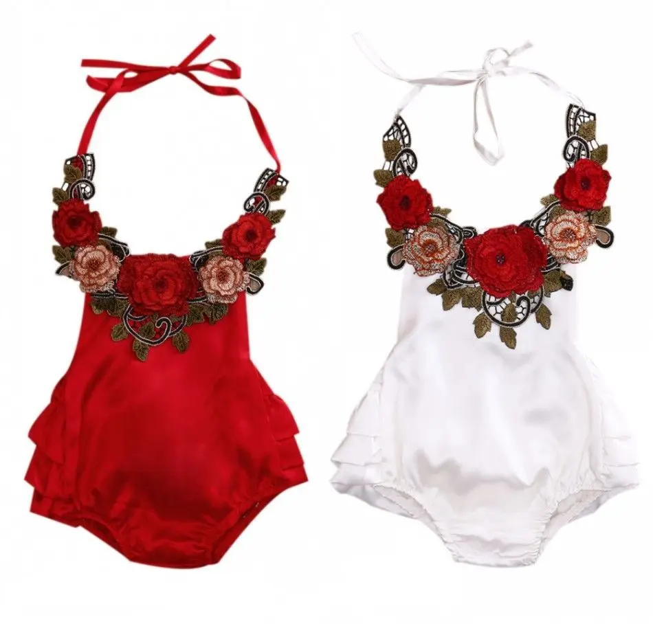 Red Rose Backless Self Tie Cami Straps Romper Jumpsuit for Baby Girl | Детская одежда и обувь