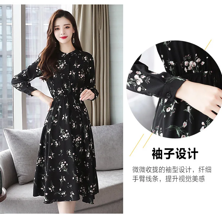 Free Postage Send Photo Shoot plus Velvet Floral-Print Chiffon Dress Thick Warm Base Skirt Women's T9152
