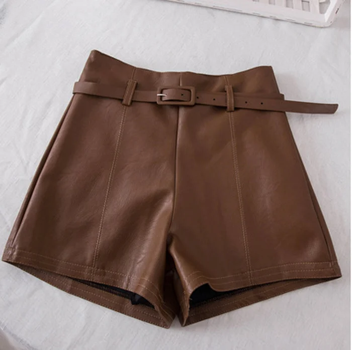 Casual PU Leather Shorts For Women High Waist Sashes Wide leg Shorts Spring Summer Loose Elastic Waist Leather Shorts