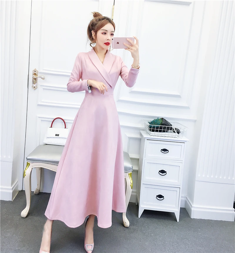 pink Для женщин длинные искусственный мех из кожи пу под замшу платье Новые Модные женские элегантные осенние платье трапециевидные лацканы верхняя одежда - Цвет: pink