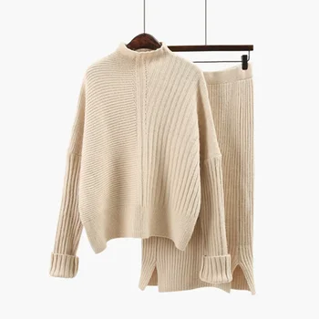 

2020 Women Wool Knitted suit soft warm Spring autumn Suit Female pullover sweater & Skirt 2 piece set Beige, Blue, Khaki