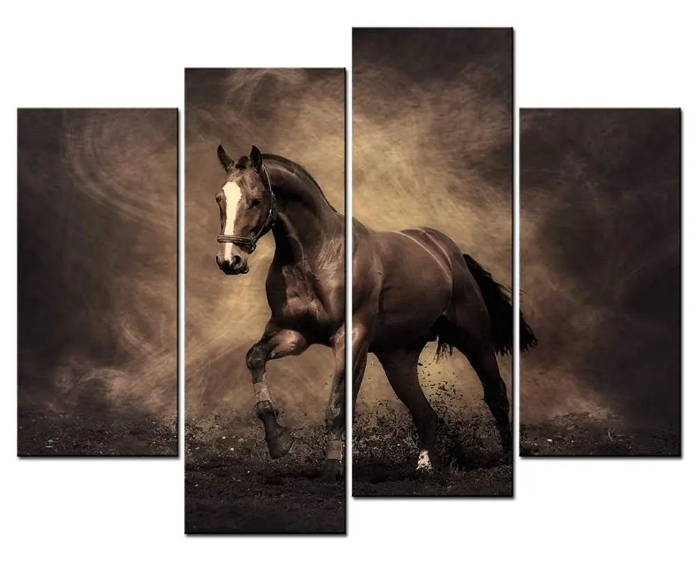 

Animal Paintings Wall Art a Handsome Horse Running on the Land 4 Panel Picture Print on Canvas Drop shipping