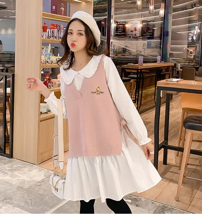 8188pink Комплект одежды из хлопка для беременных; базовое платье с длинными рукавами и воротником в стиле Питера Пэна+ свитер без рукавов; комплект-двойка; платье для беременных женщин; костюмы - Color: 8188pink