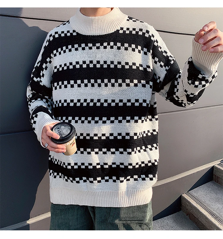 Winter Sweater Men Warm Fashion Contrast Color Casual Knit Sweater Man Sweter Clothes Loose Long-sleeved Pullover Male Clothes