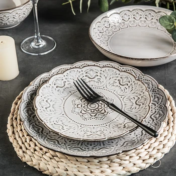 

European White Pattern Embossed Ceramic Tableware Combination Kitchen Home Retro Ideas Steak Plate Dish Mug Set