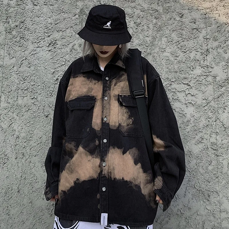 

Korean Woman jacket Spring Autumn 2020 Loose Vintage tie-dye Oversized Black Denim jacket Women Streetwear Casual Couple clothes