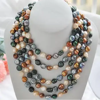 

Fashion jewelry Free Shipping 8-9mm black coffee pink green baroque freshwater pearl necklace
