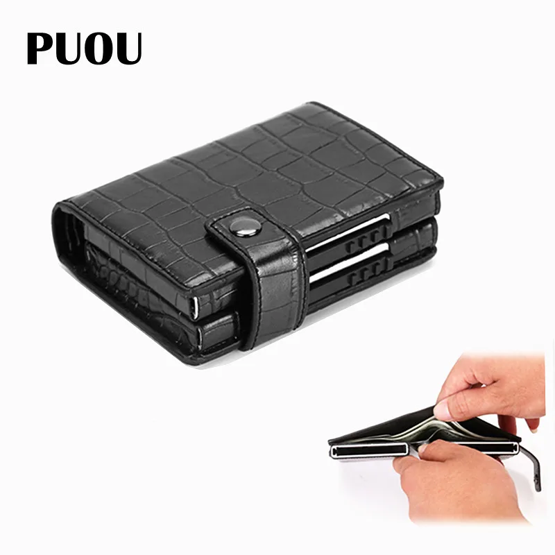 PUOU Men Card ID Holder Card Box Double Wallet Aluminium RFID Blocking Metal Package Holder Credit Case