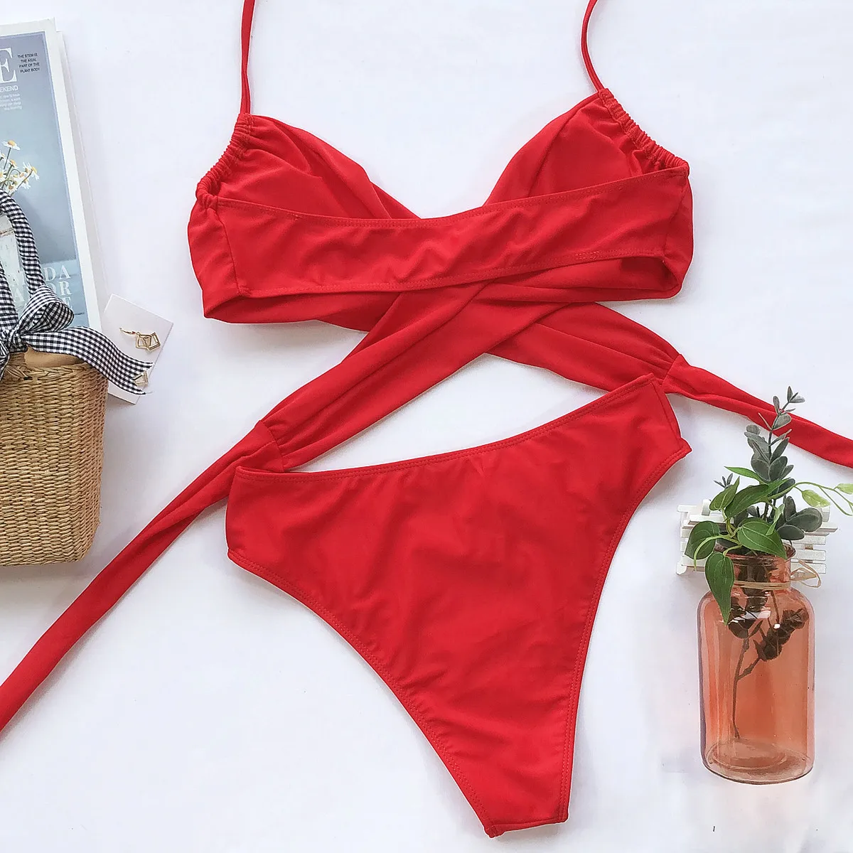 New Summer 2021 Women Split High Waist Bikini Biquini Two Piece Set Bathing Suit Red Swimwear bikini sets for women