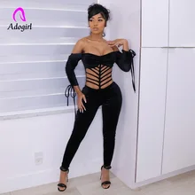 

One-shoulder Tight-fitting Long-sleeved Tie Stitching Hollow Out Black Zipper Jumpsuit Backless Bandage Skinny Bodysuit Clubwear