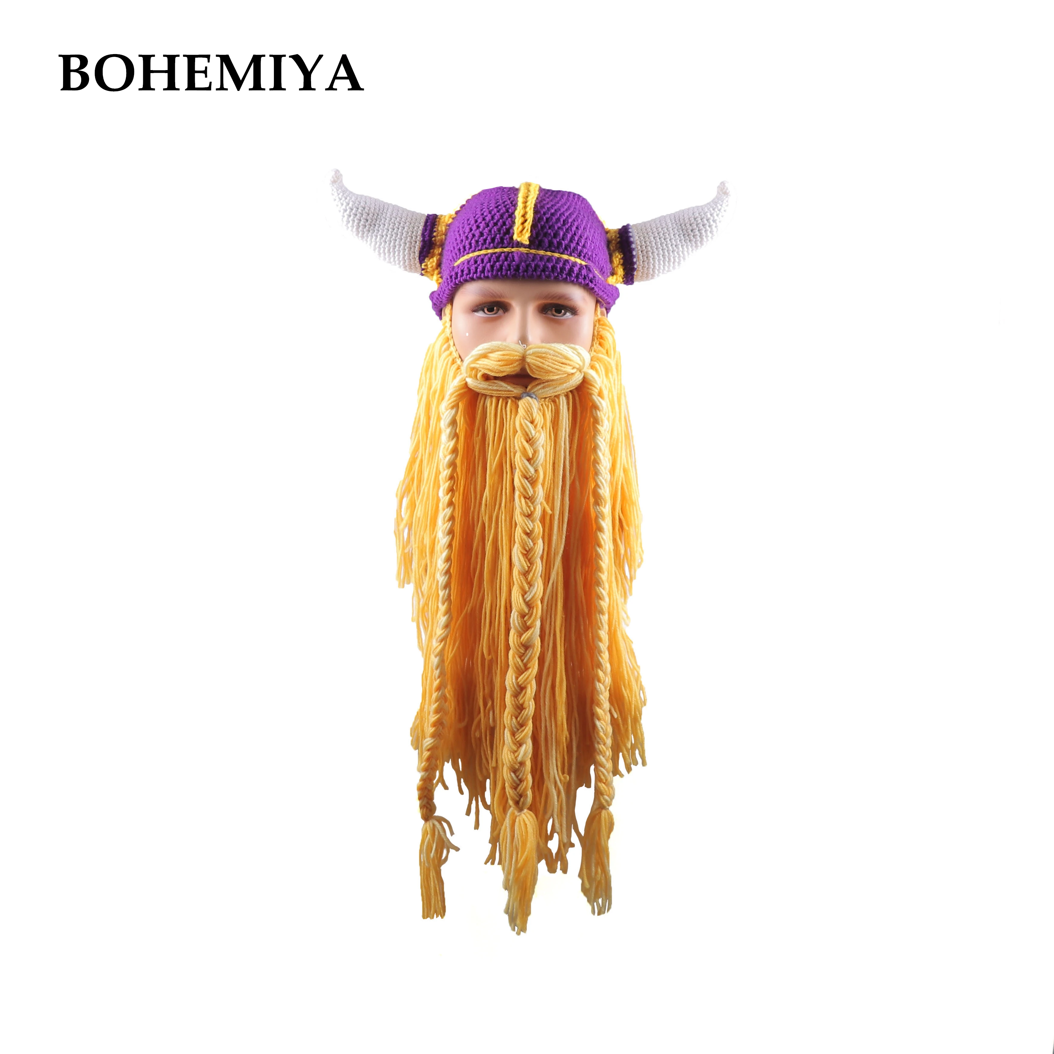 

Handmade Knitted Barbarian Vagabond Viking Beard Beanie Horn Hats Men's Winter Warm Caps Halloween Funny Mask H10
