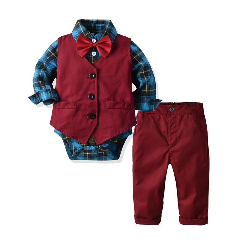 2021 Fall Clothes for Baby Boy Suit Set Cotton Romper +Bow + Vest Pants 4 PCS Kids Outfit Blue&ampBlack Plaid Birthday Gift |