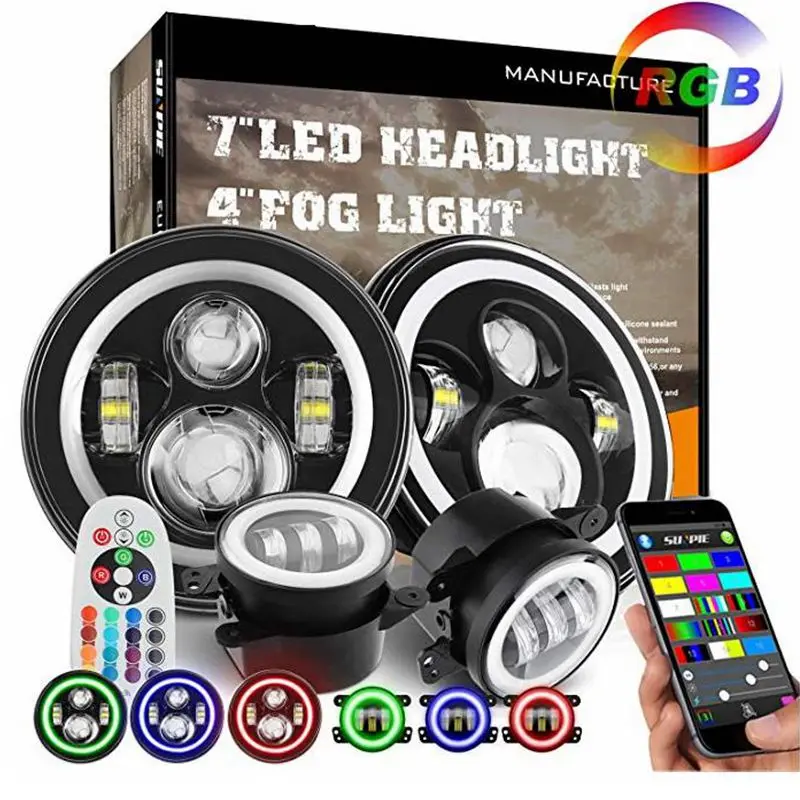 

90W Bluetooth App Controlled 7 inch LED Headlights 4 inch Fog Light Combo Halo Ring RGB for Jeep Wrangler JK CJ 1997-2017