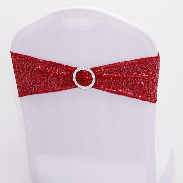 Quality Shiny Sequin Rose Gold Stretch Bands With Round Buckle For Wedding Events Party Decoration Spandex Chair Sashes