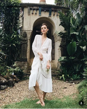 

vacation dress Seaside V-neck beach high waist dress White Hollow bohemian dress summer