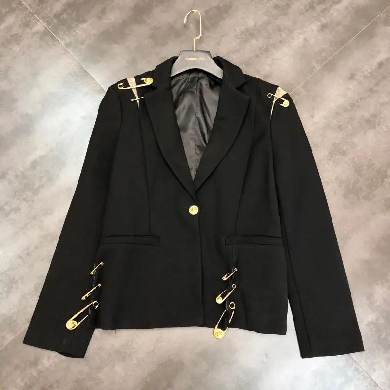 TVVOVVIN Women's Autumn Fashion Trend New Pattern Street Style Gold Big Pin Decorative Full Sleeve jcaket Lapel Collar L789