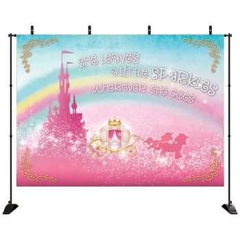 

Gold Royal Princess Theme BackdropPink castle rainbow Unicorn carriage Birthday for Girl Baby Bridal Shower Photography