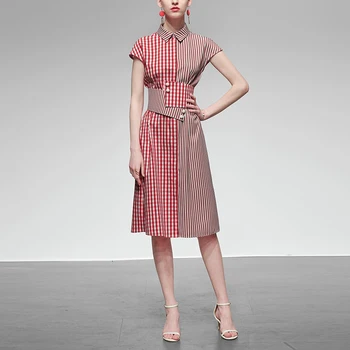 

Seifrmann Fashion Designer Dress Women Red Patchwor Plaid Striped Short sleeve Sashes Summer High Street Ladies Midi Dresses