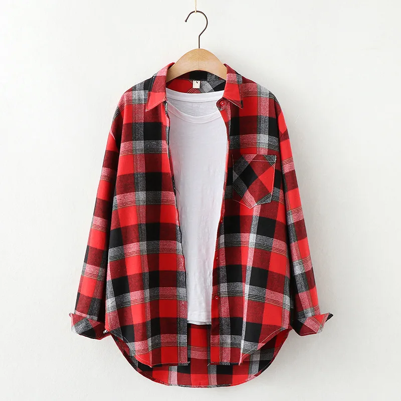 2020 New Autumn Winter Plaid Shirts Women Cotton Ladies Casual One Pocket Top Loose Plus Size Blouse Female Long Sleeve Blouses